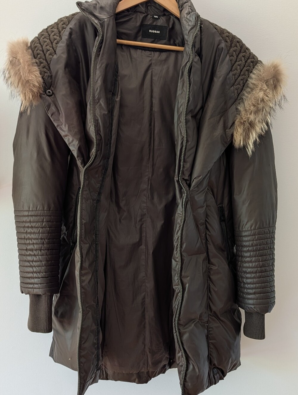 RUDSAK Khaki Sophie Quilted Puffer Coat with Fur-Trim Hood XL